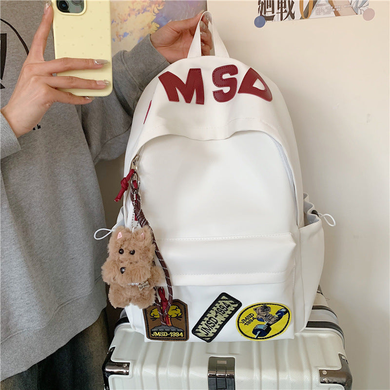 Letter Print Patchwork Backpack With Plush Charm