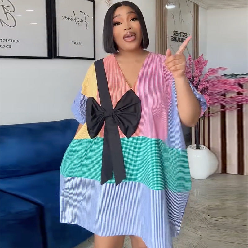 V-Neck Striped Patchwork Bow Dress