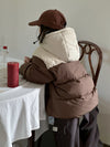 Hooded color-block down jacket, apricot brown