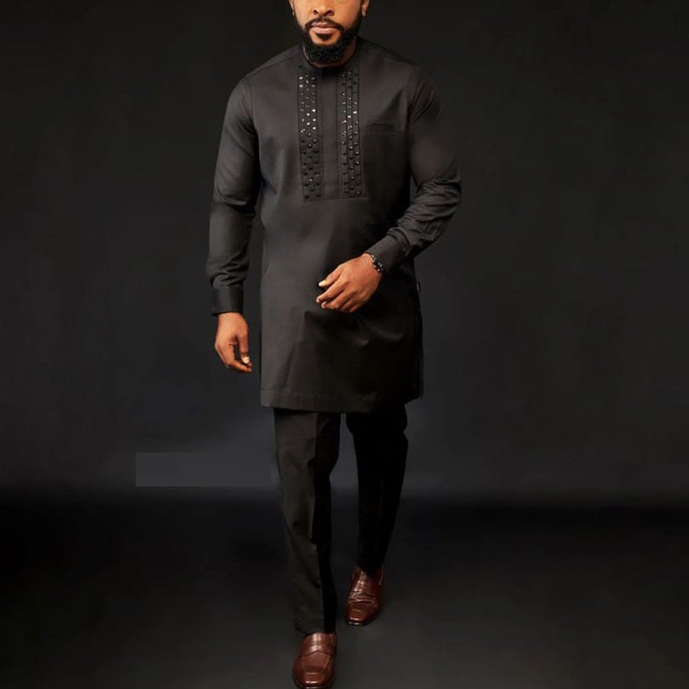 Traditional Muslim African Style Men Wedding New Suit 2 Piece Set Round Neck Long Sleeve Top Plus Pants Foreign Trade