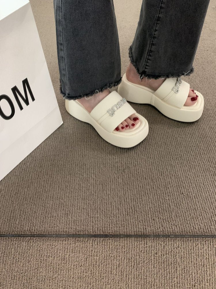 Black Sequin Platform Slides