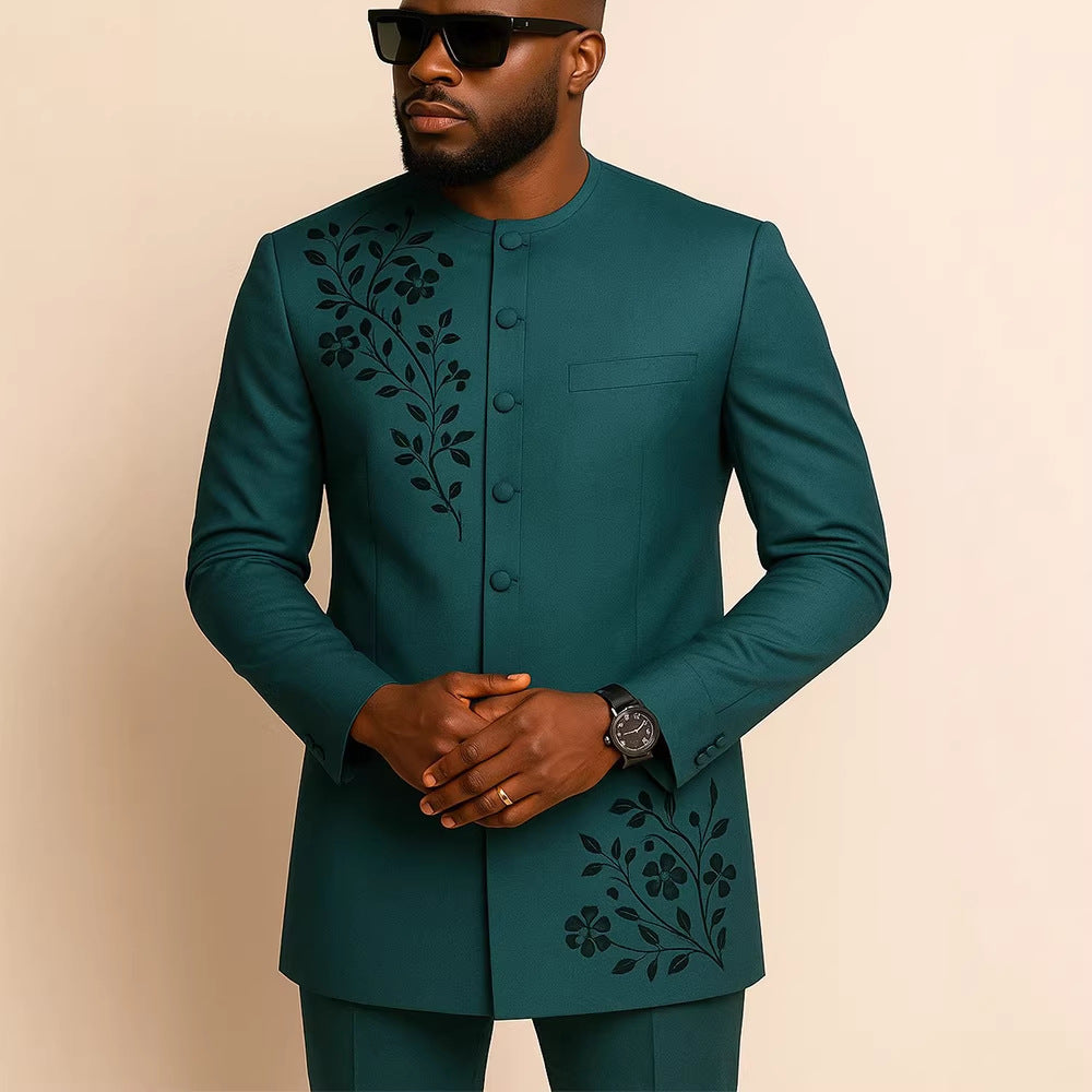 Traditional Muslim African Style Men Wedding New Suit 2 Piece Set Round Neck Long Sleeve Top Plus Pants Foreign Trade