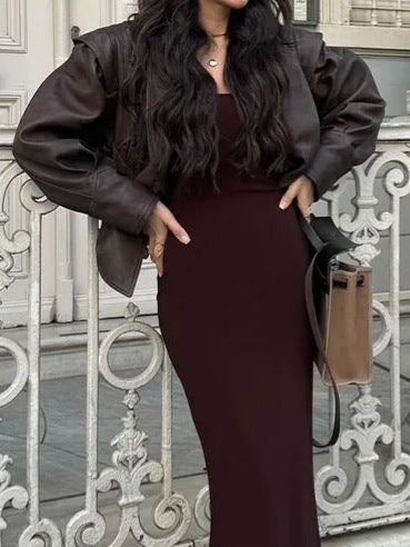 Elegant Faux Leather Belted Jacket