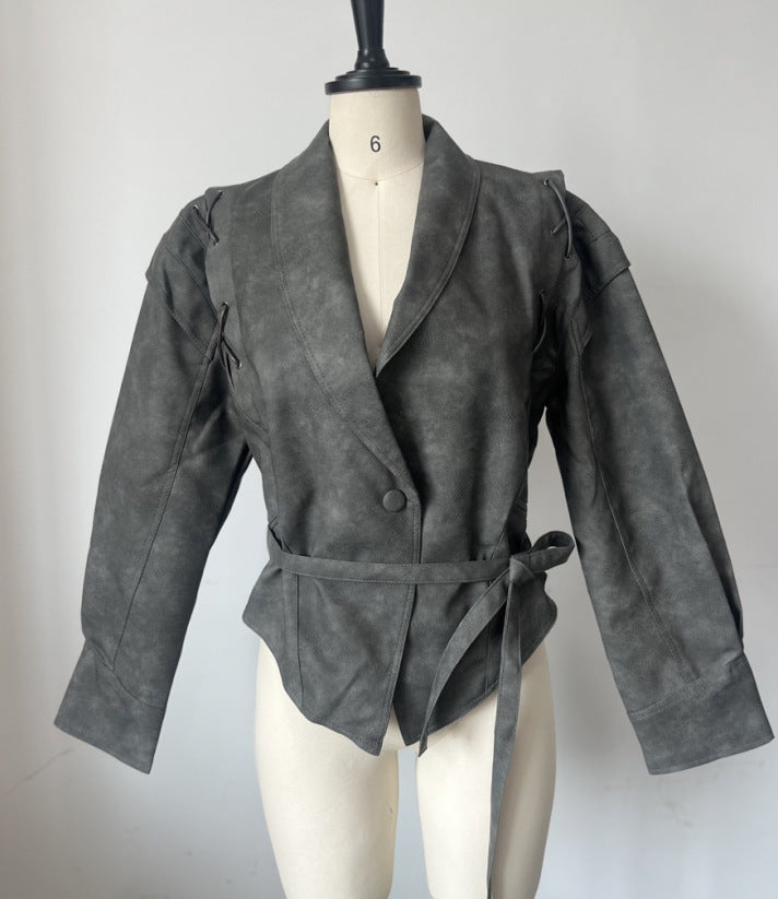 Elegant Faux Leather Belted Jacket