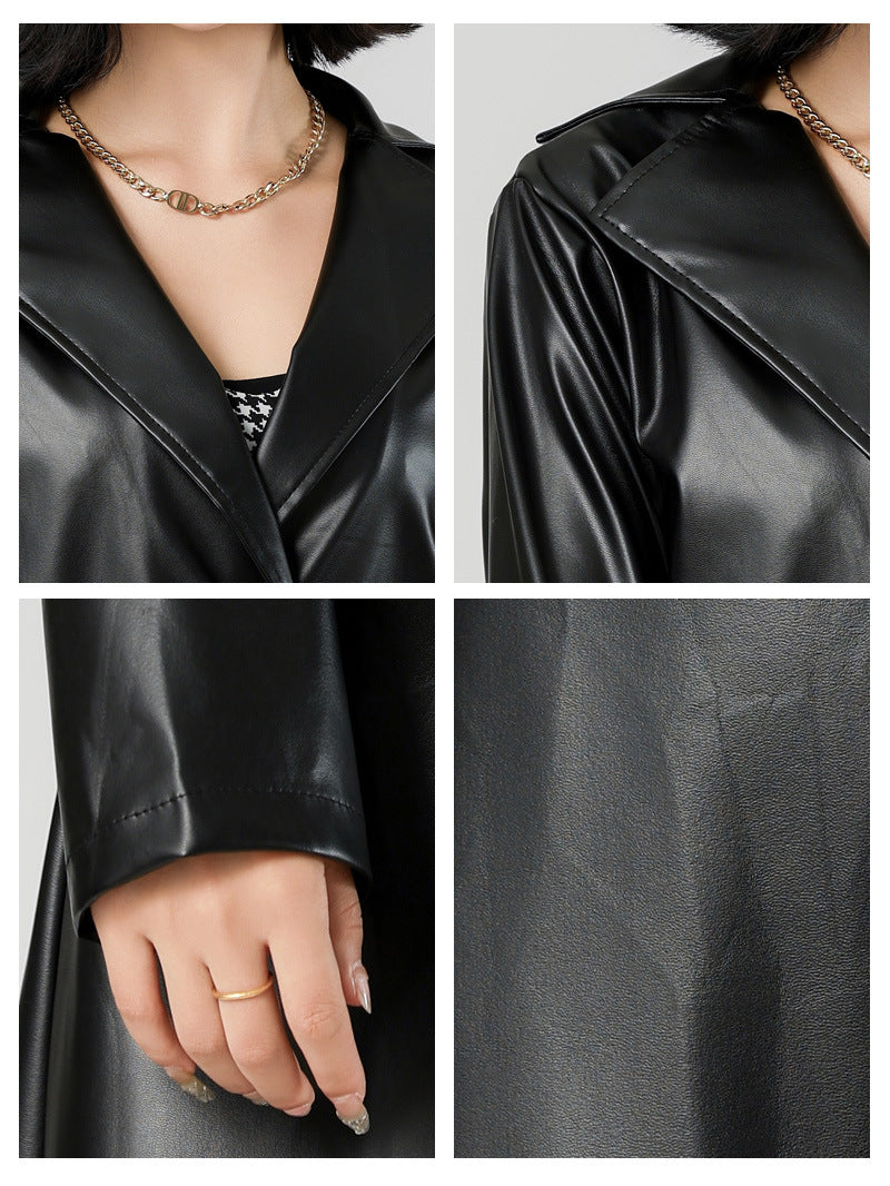 Faux Leather Tie Waist Trench Coat