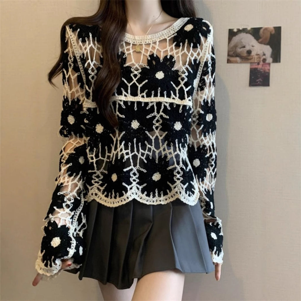 French unique crochet cut-out knitwear women's pre-fall 2024 new plus size fat mm slim outer layer blouse top