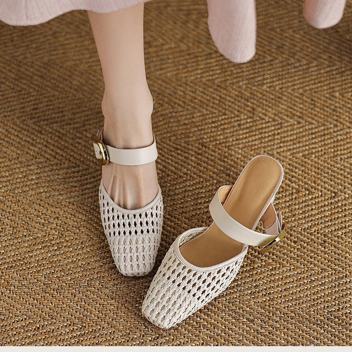 Woven Leather Block-Heel Sandals