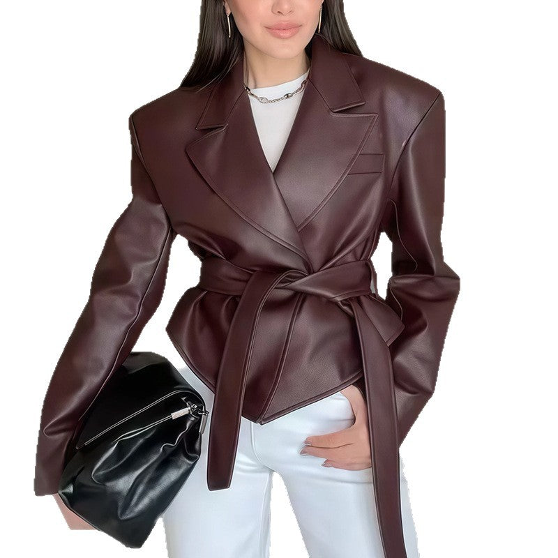Elegant Faux Leather Wrap Blazer