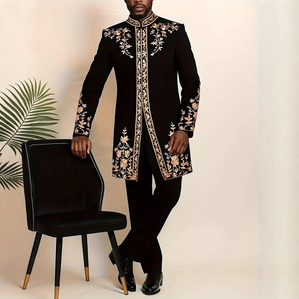 Traditional Muslim African Style Men Wedding New Suit 2 Piece Set Round Neck Long Sleeve Top Plus Pants Foreign Trade