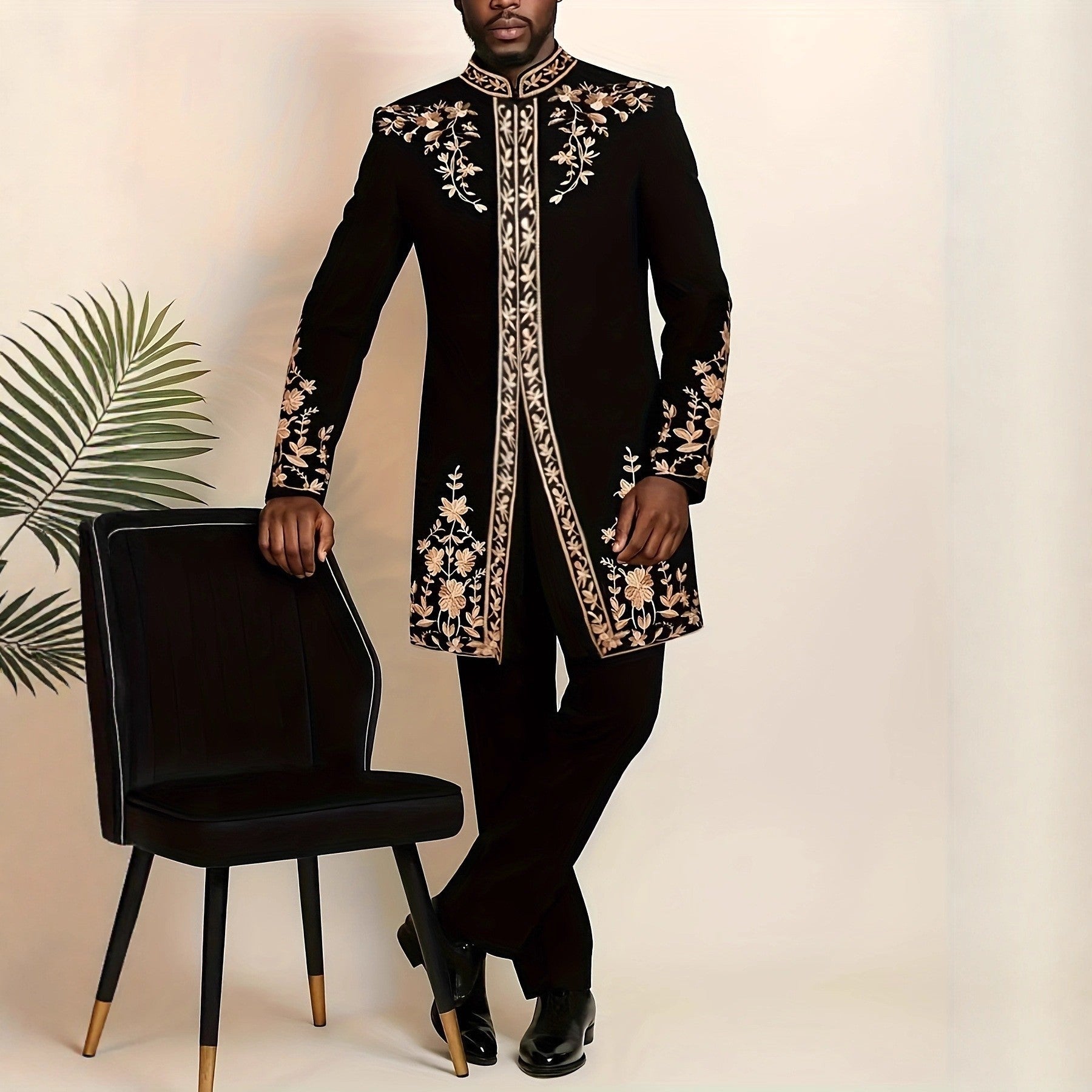 Traditional Muslim African Style Men Wedding New Suit 2 Piece Set Round Neck Long Sleeve Top Plus Pants Foreign Trade