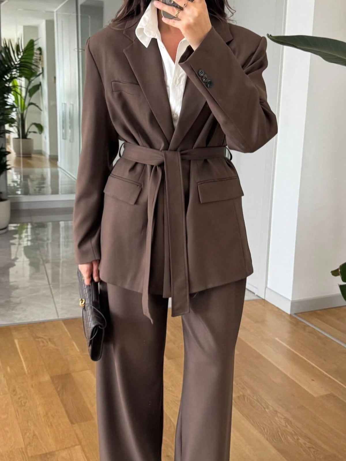 Women's Brown Belted Tailored Blazer