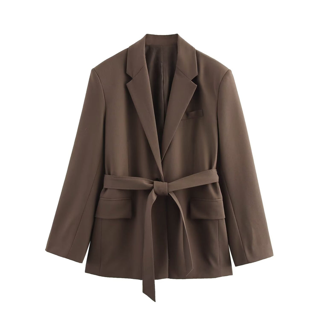Women's Brown Belted Tailored Blazer