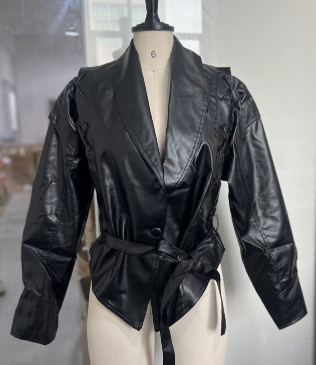 Elegant Faux Leather Belted Jacket
