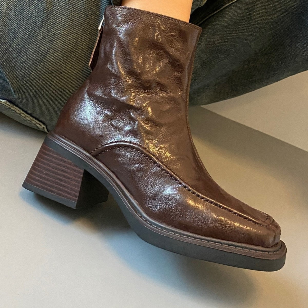 Square-Toe Leather Ankle Boots