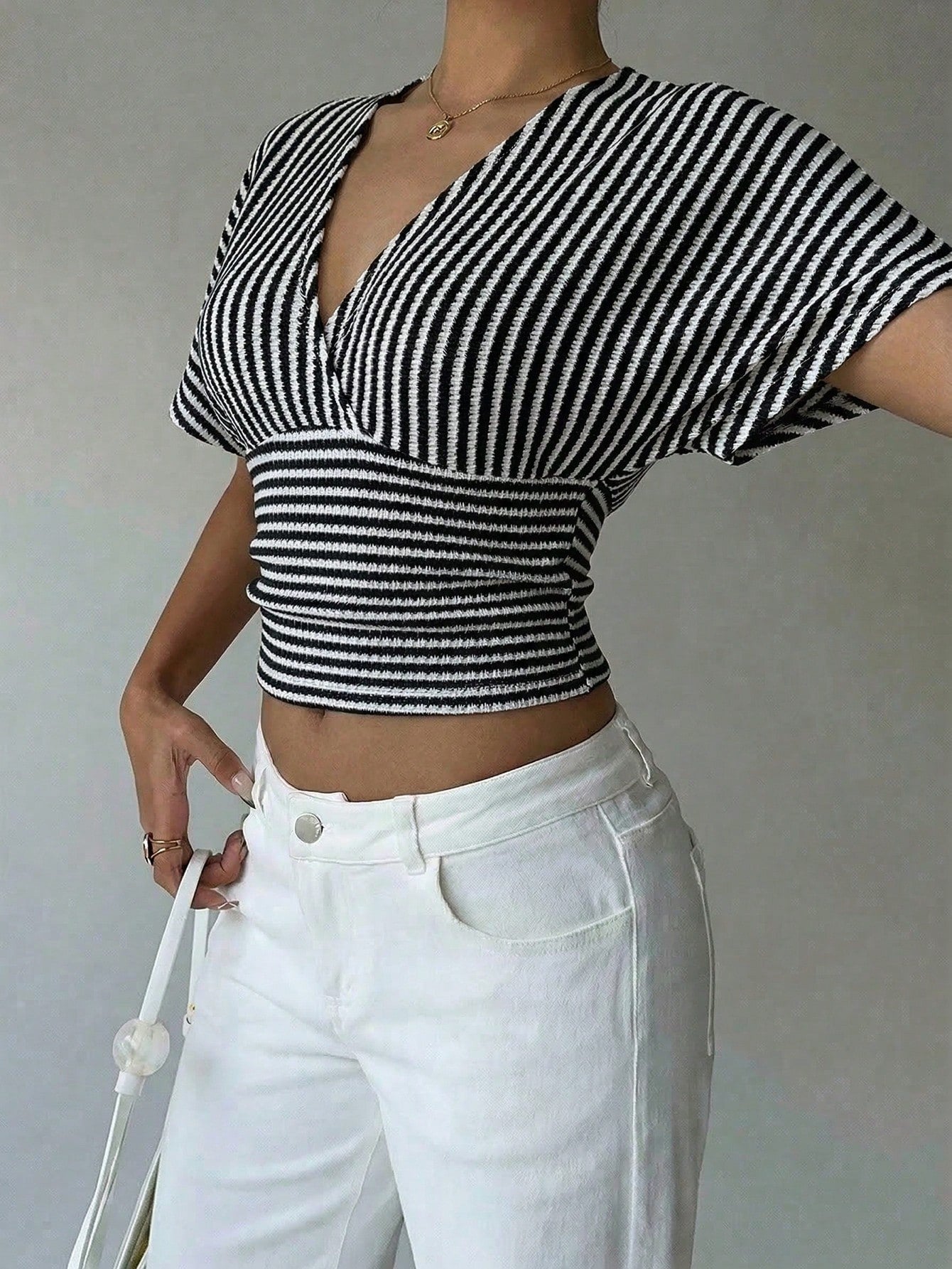 Striped V Neck Batwing Sleeve Wrap Top