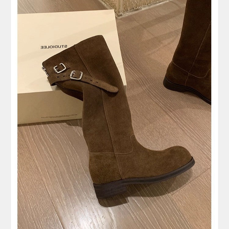 Buckle-Zip Leather Boots