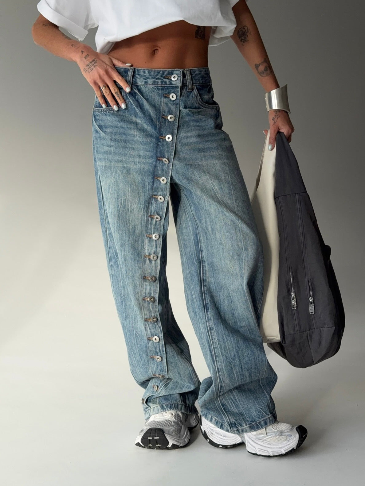 Asymmetrical Button Fly Wide Leg Jeans