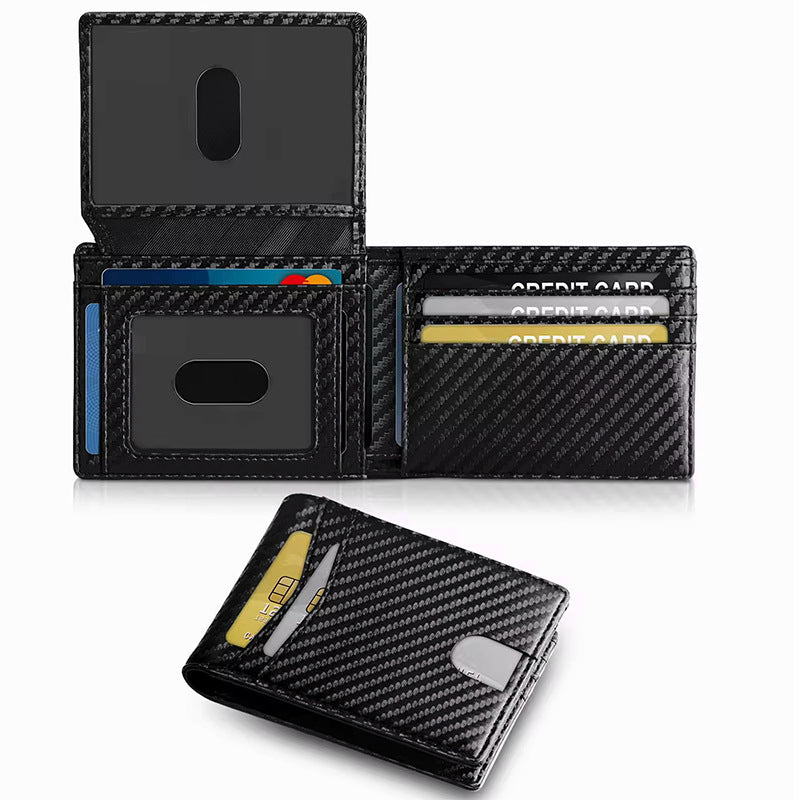 Cross-border wallet, RFID anti-theft brush, multi-functional business wallet, three-fold multi-card slot, full carbon fiber pattern men's wallet