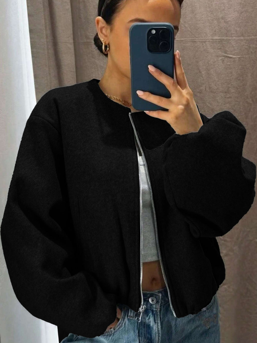 Casual Crewneck Zip Up Bomber Jacket