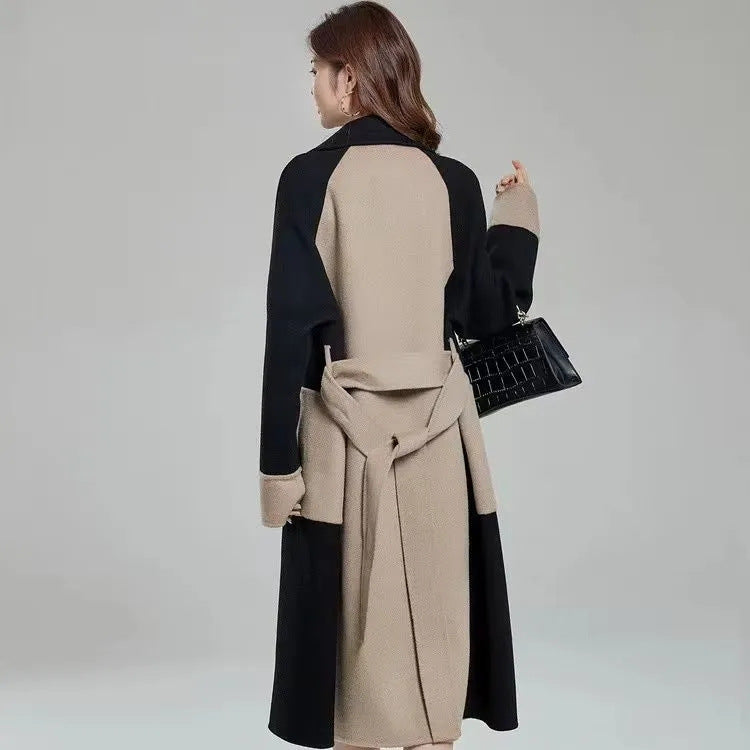 Contrast Panel Long Belted Coat