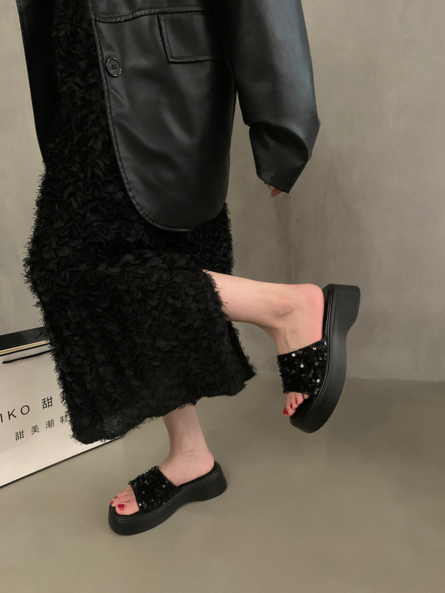 Black Sequin Platform Slides