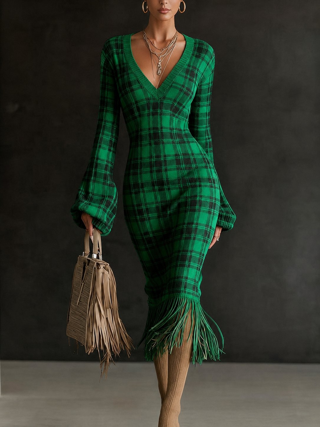 Printed Fringe Knit Dress