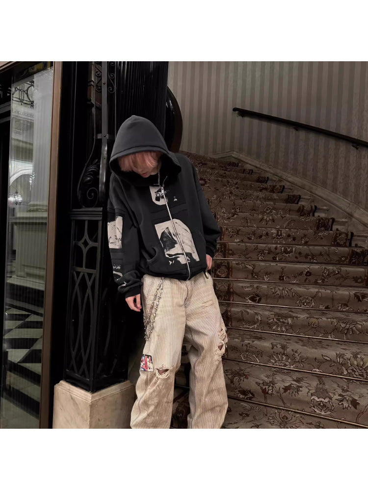 Distressed Graphic Zip-Up Hoodie