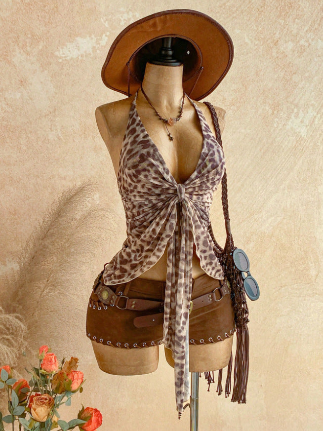 Floral Halter Tie Front Mesh Top