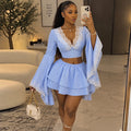 Lace Flare-Sleeve Top & Striped Skirt Set