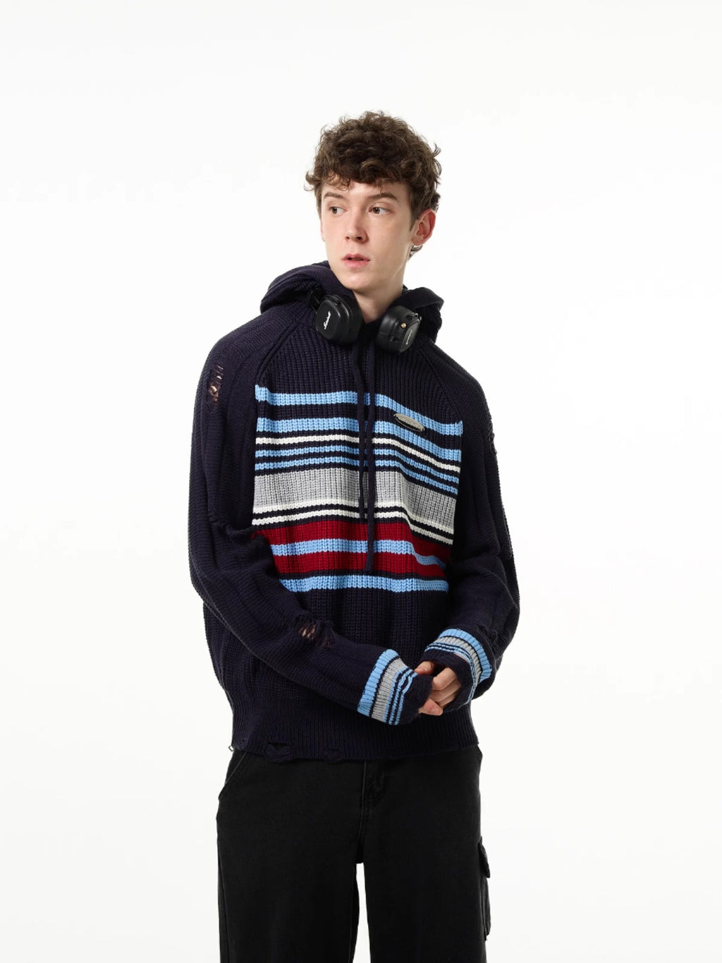 Distressed Striped Knit HoodieDistressed Striped Knit Hoodie
