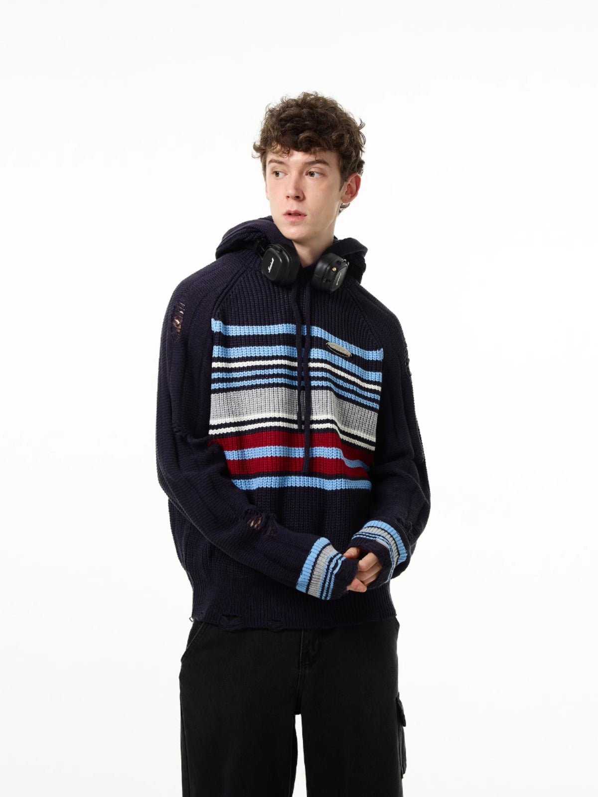 Distressed Striped Knit HoodieDistressed Striped Knit Hoodie