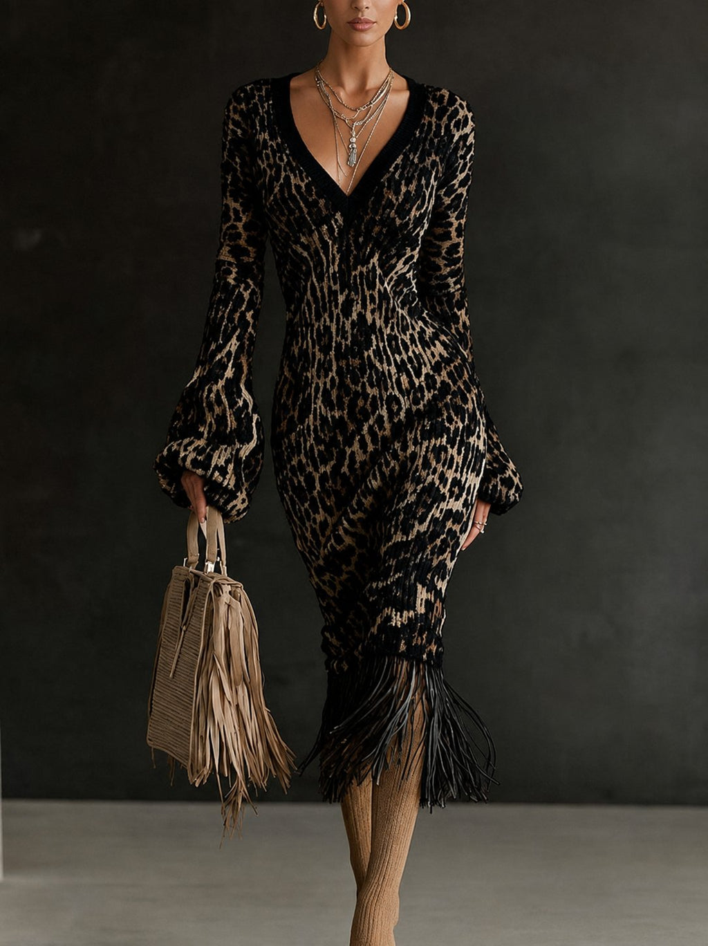 Printed Fringe Knit Dress