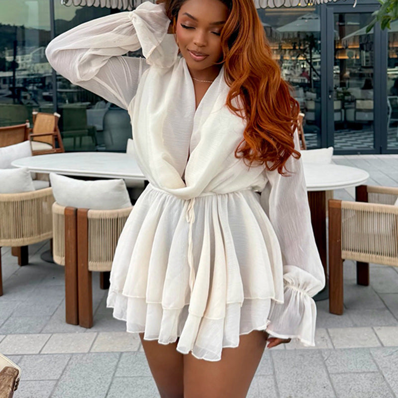 Cowl-Neck Flare-Sleeve Pleated Dress