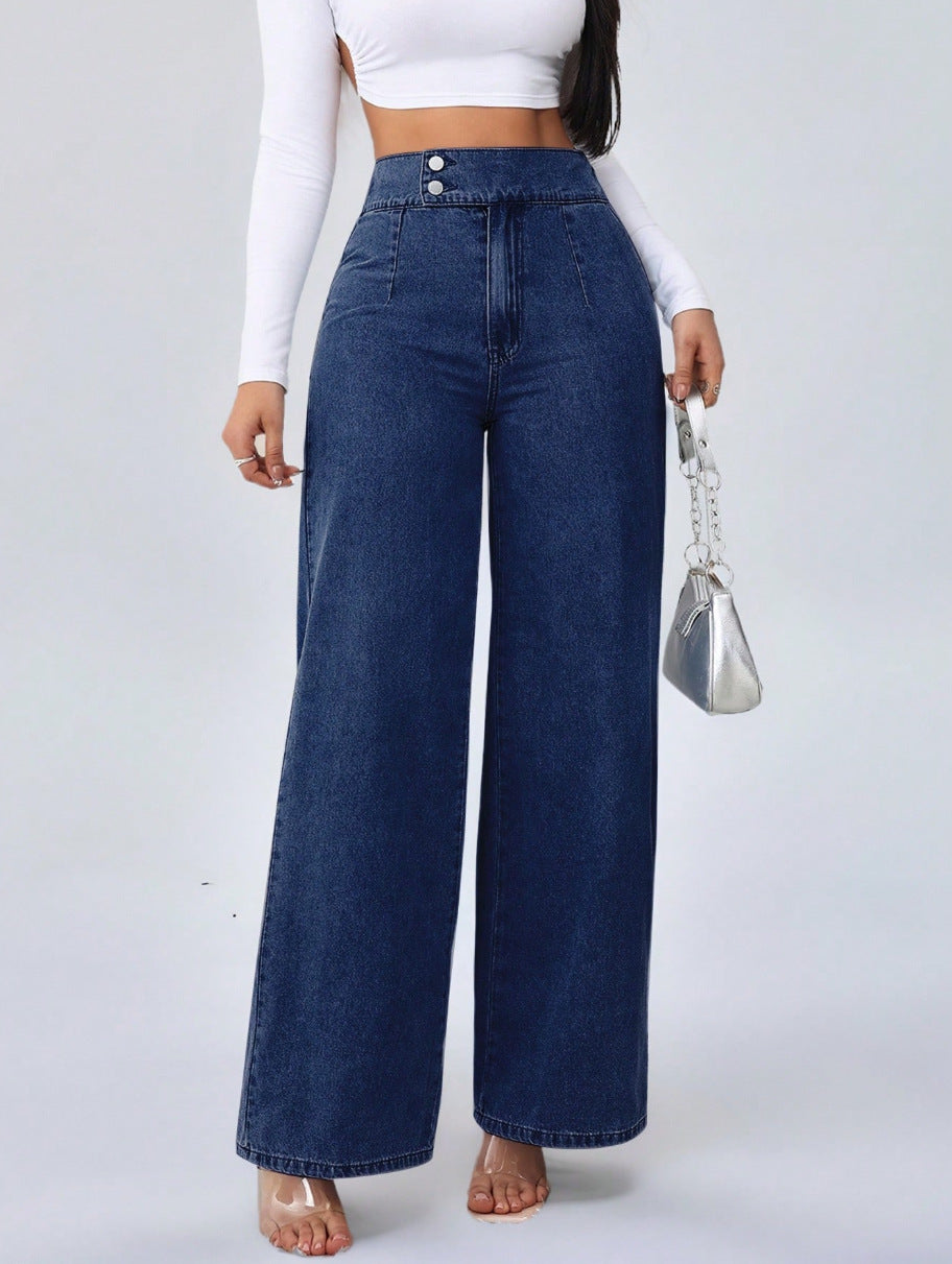 Button-Detail High-Waist Wide-Leg Jeans
