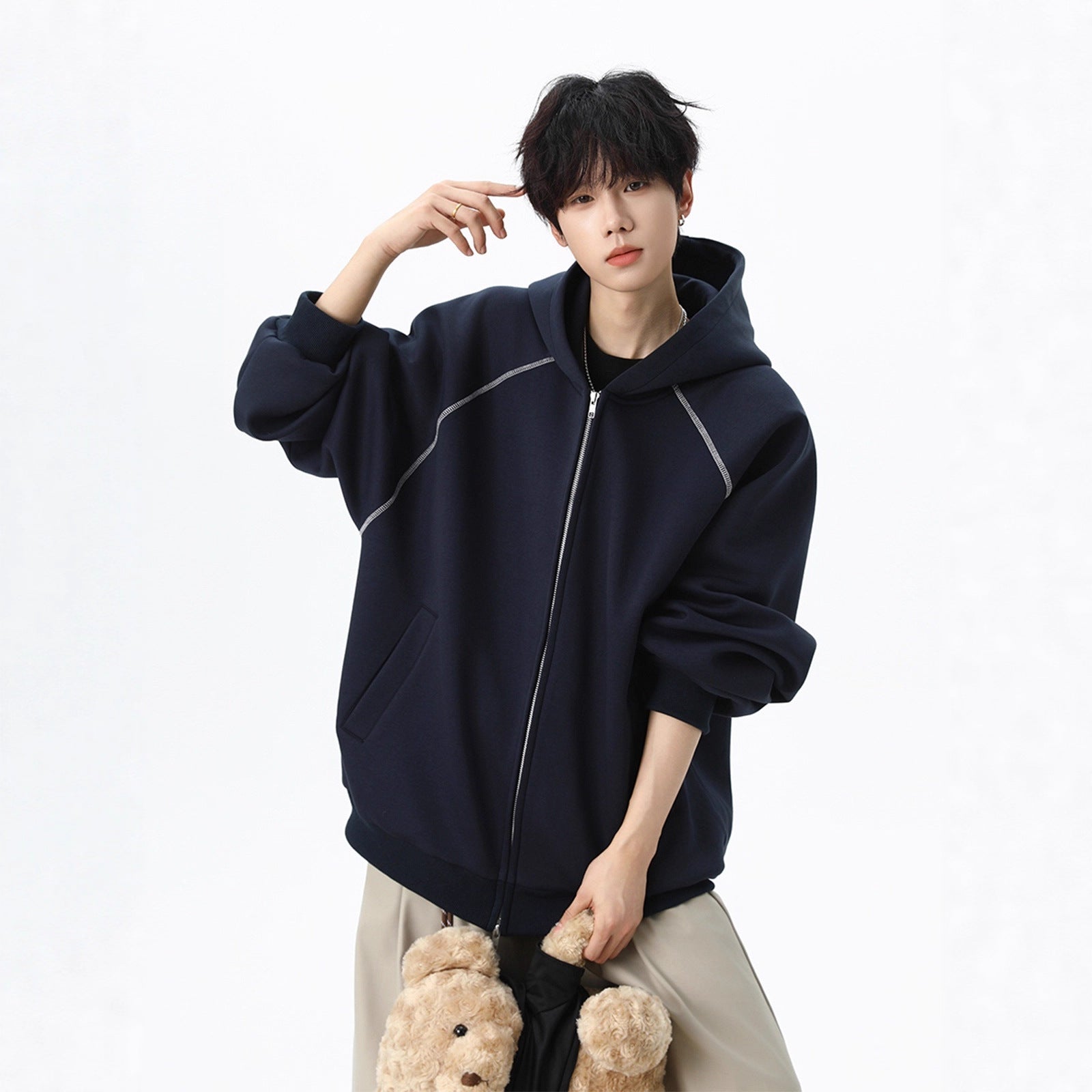 Oversized Contrast-Stitch Zip Hoodie