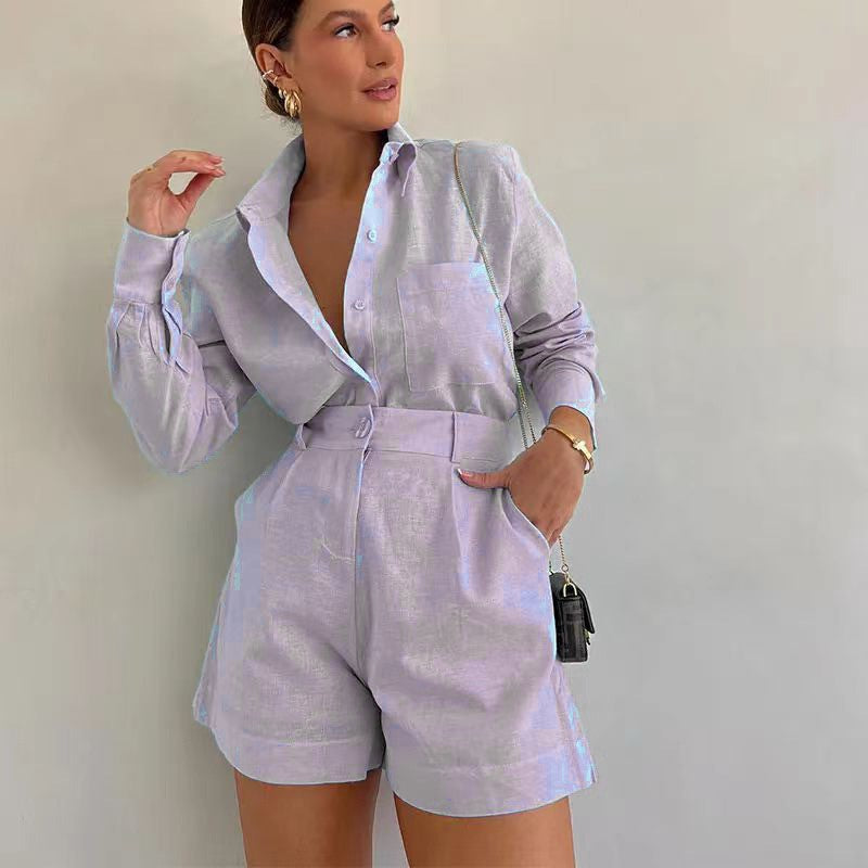 Chic Collared Shirt and High Waist Shorts Matching Set