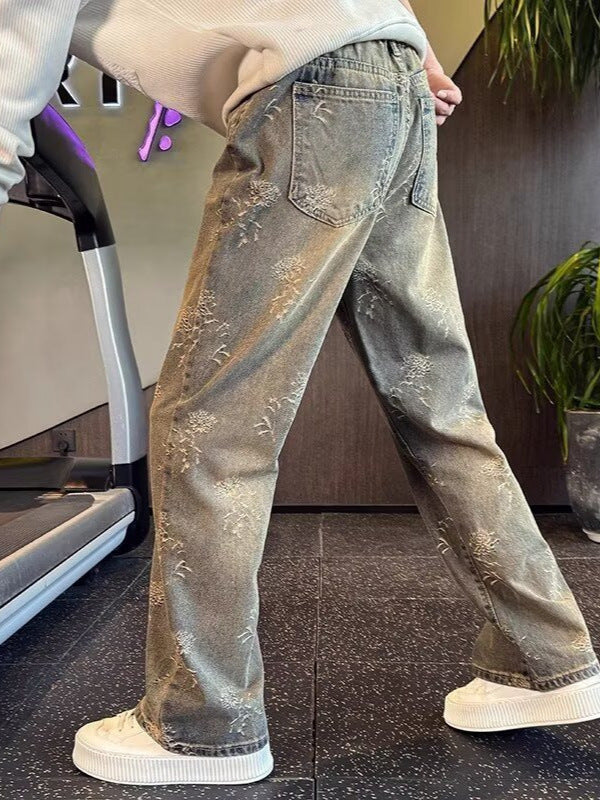 Distressed Jacquard Straight-Leg Jeans