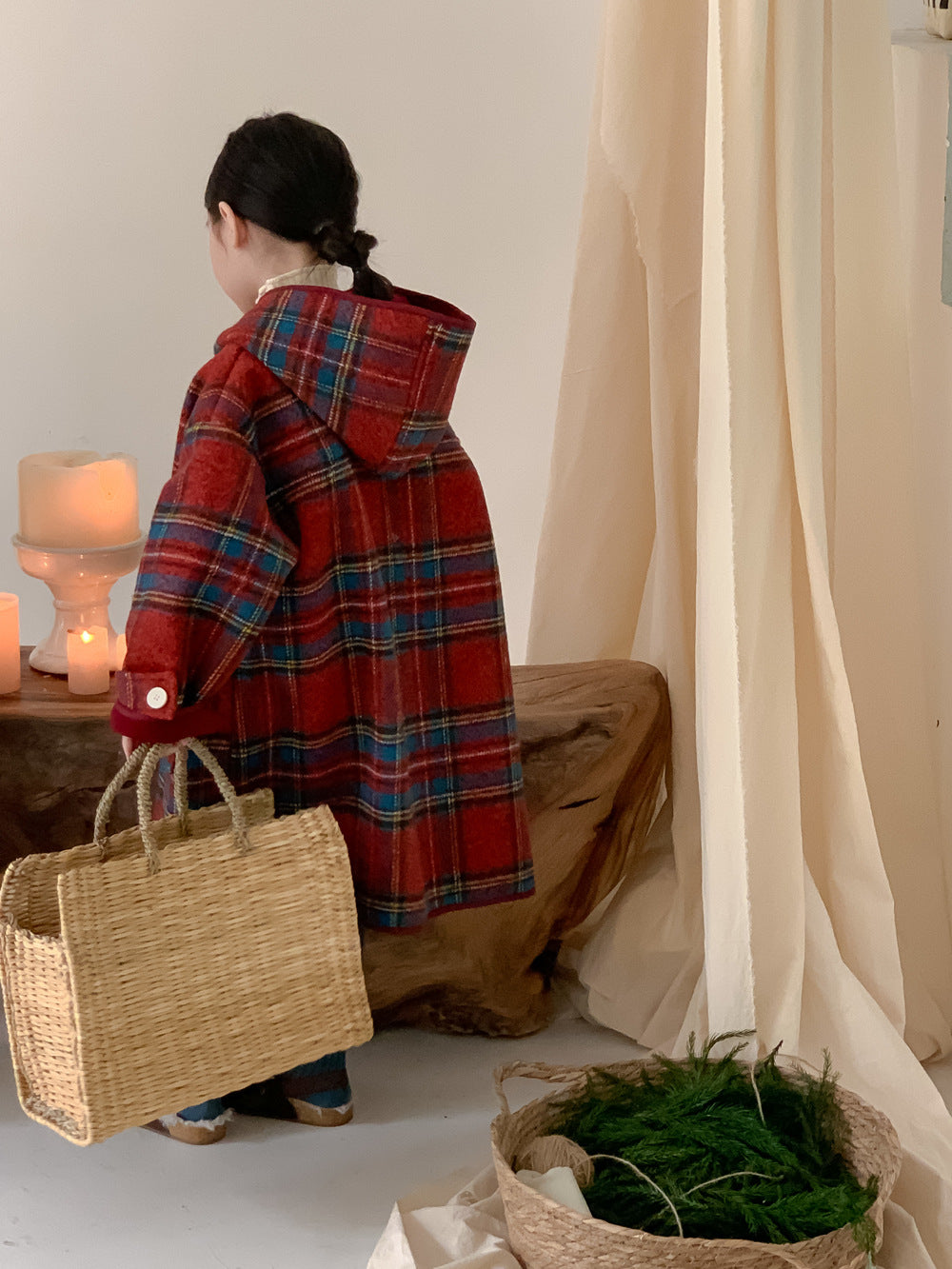 Kids' Plaid Fleece-Lined Hooded Coat