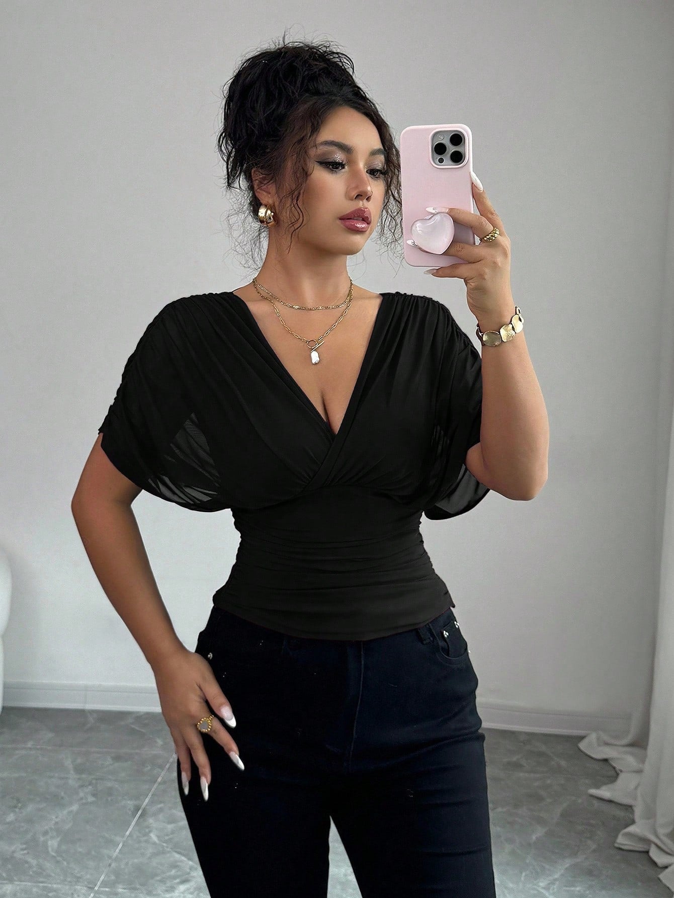 Elegant Ruched V Neck Drape Top