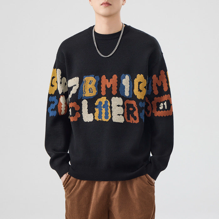 Intarsia Block Letter Oversized Knit