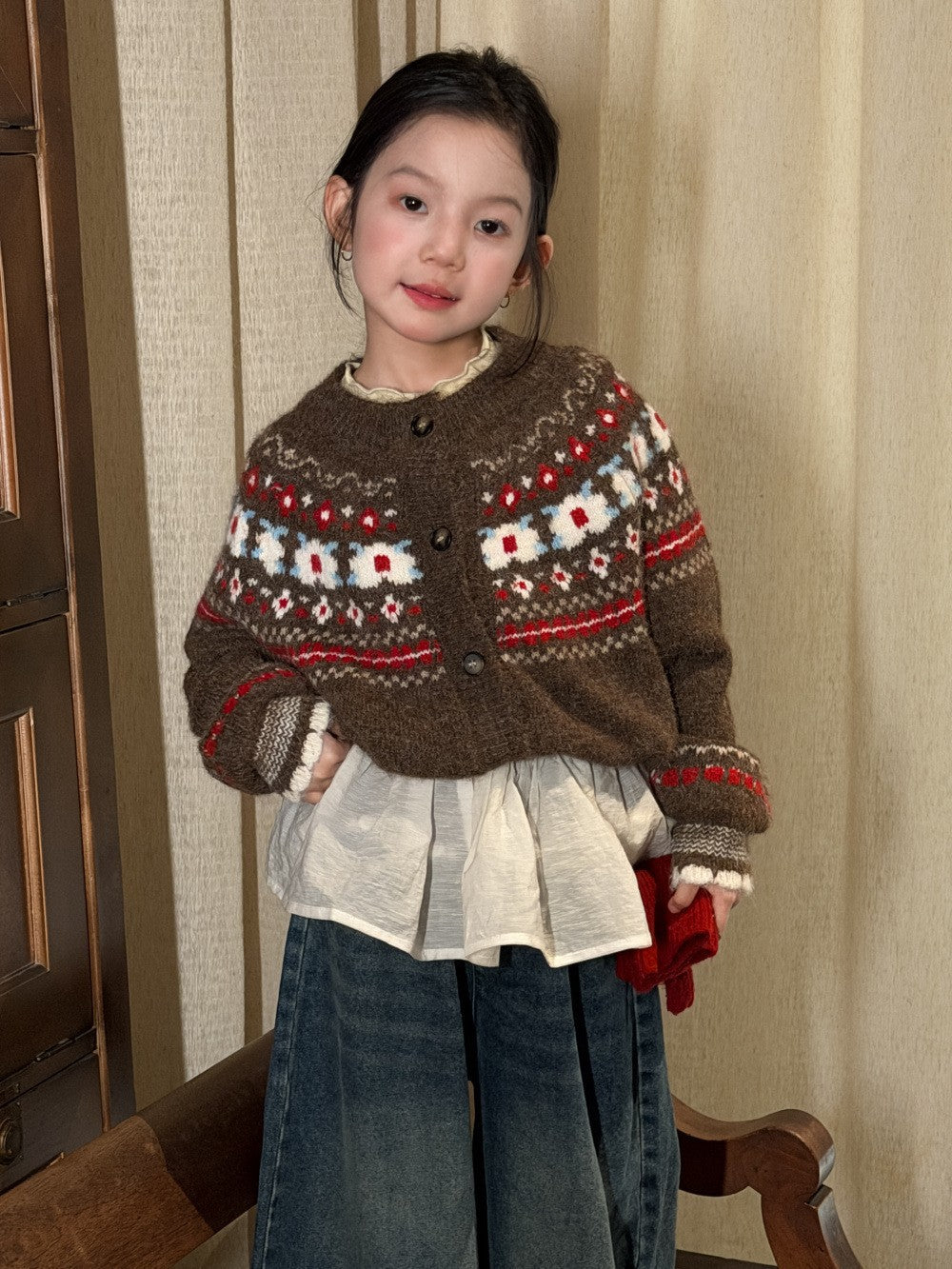 Girls' Floral Fair-Isle Knit Cardigan
