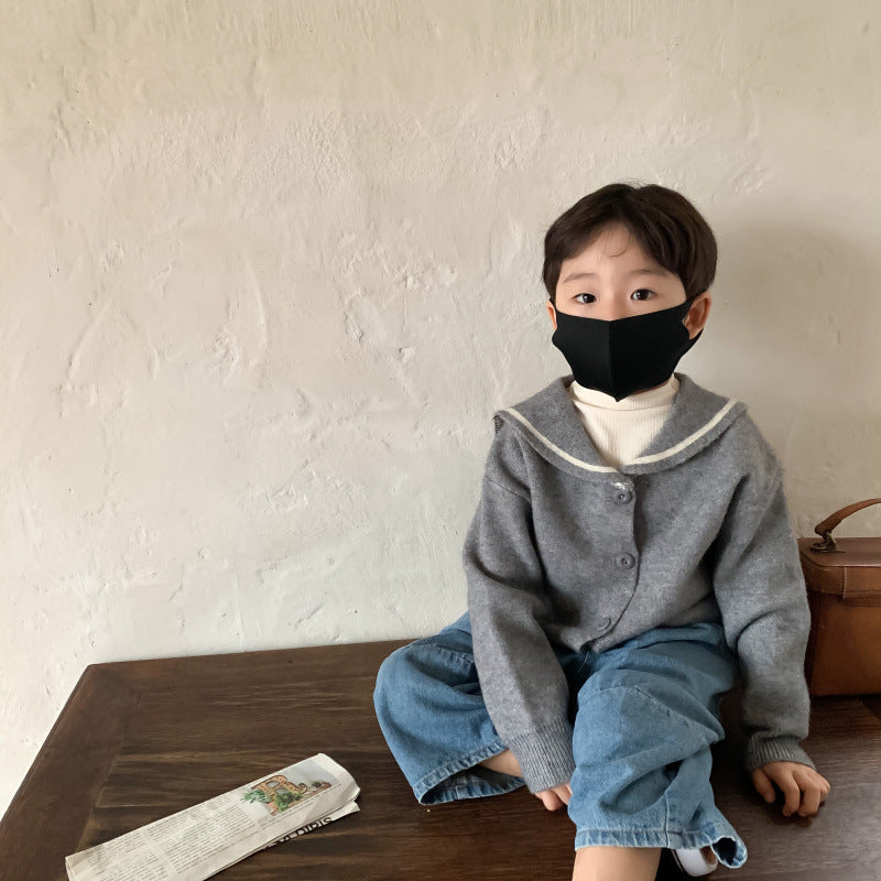 Kids' Navy-Collar Character Knit Sweater