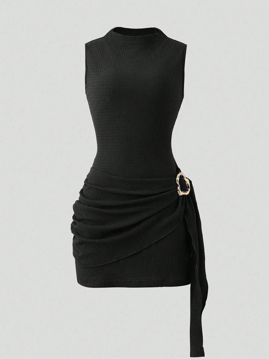 Metal-Buckle Ruched Mini Dress - Black