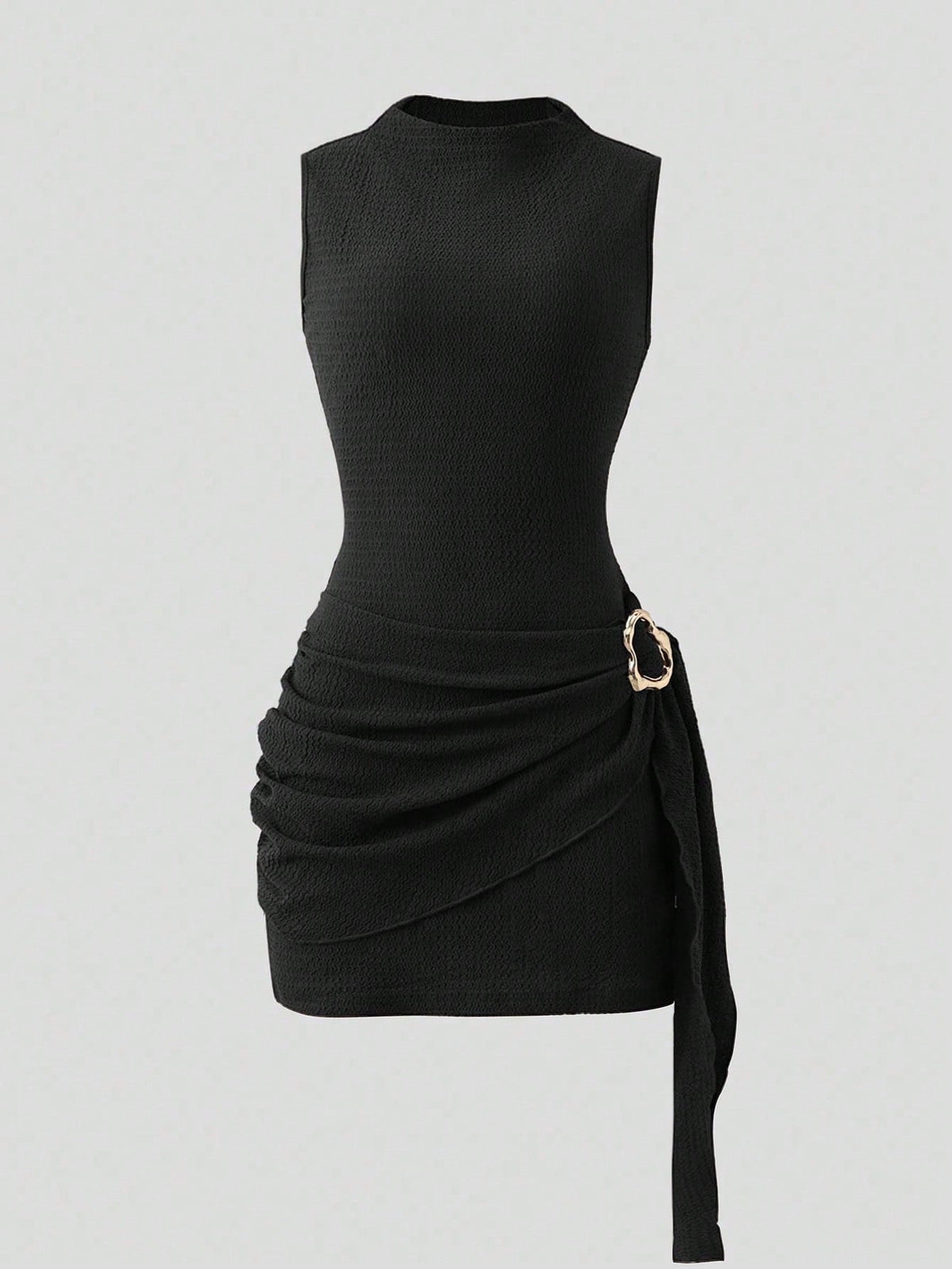 Metal-Buckle Ruched Mini Dress - Black