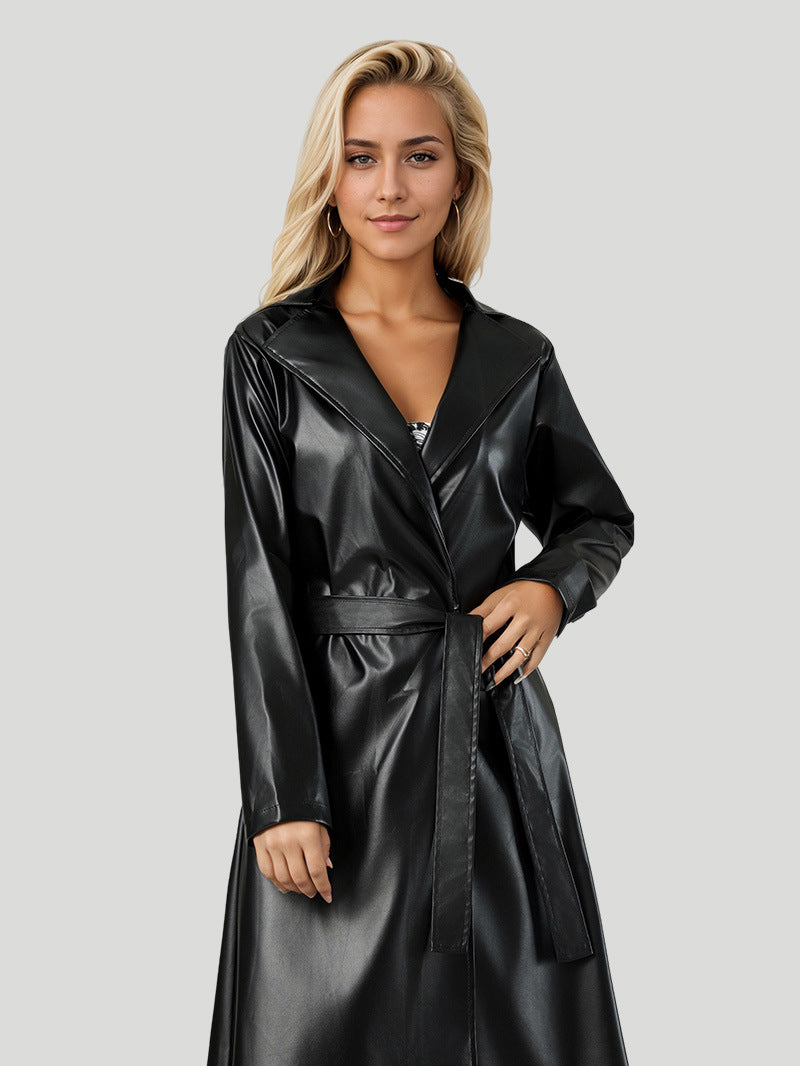 Faux Leather Tie Waist Trench Coat