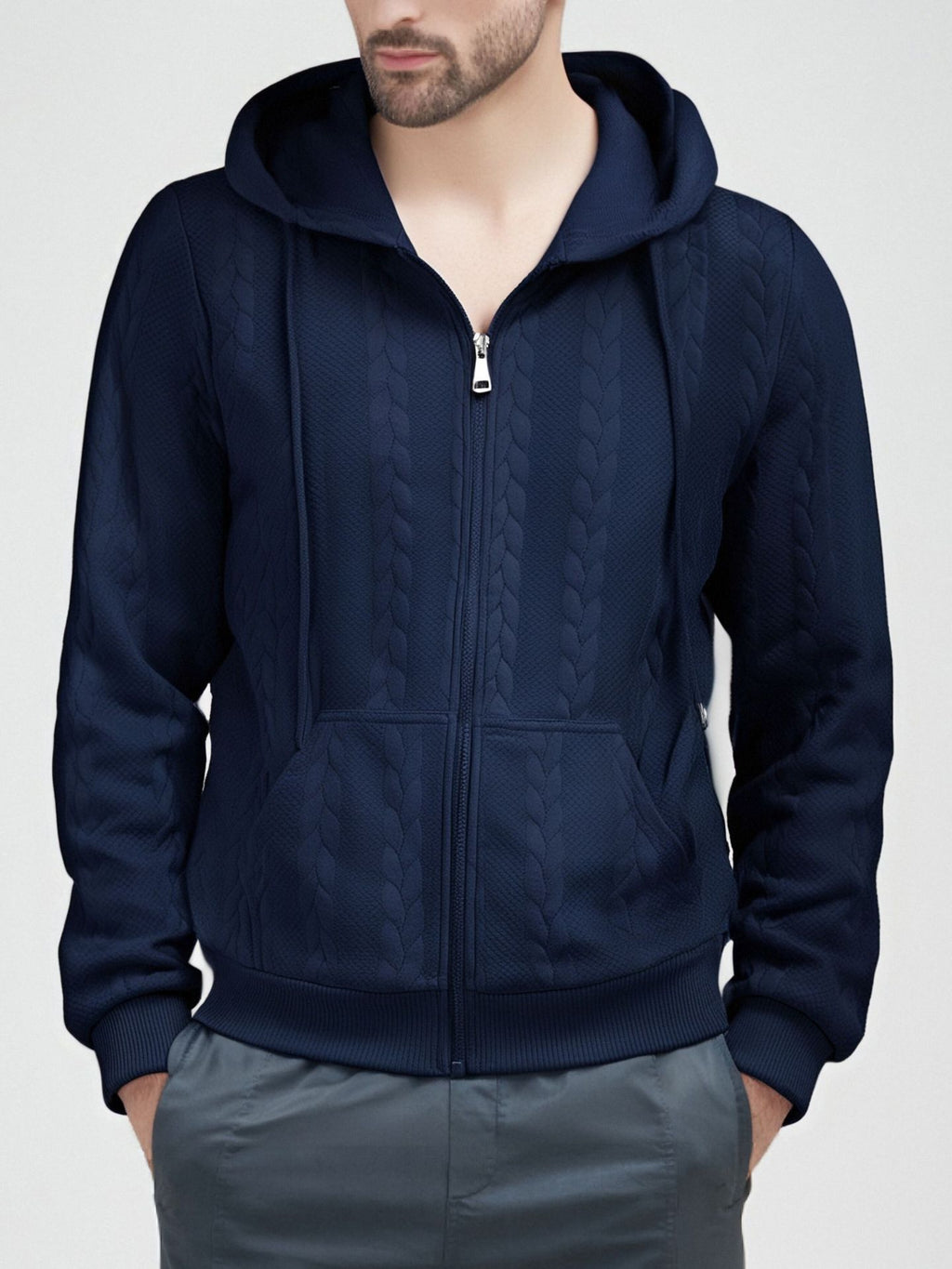 cable-knit full-zip hoodie.