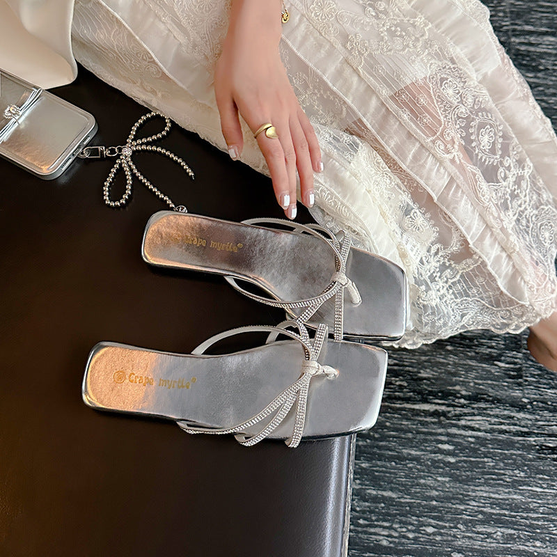 Rhinestone Leather Flip-Flops