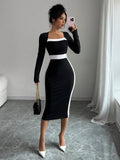 Elegant Contour Square Neck Midi Dress