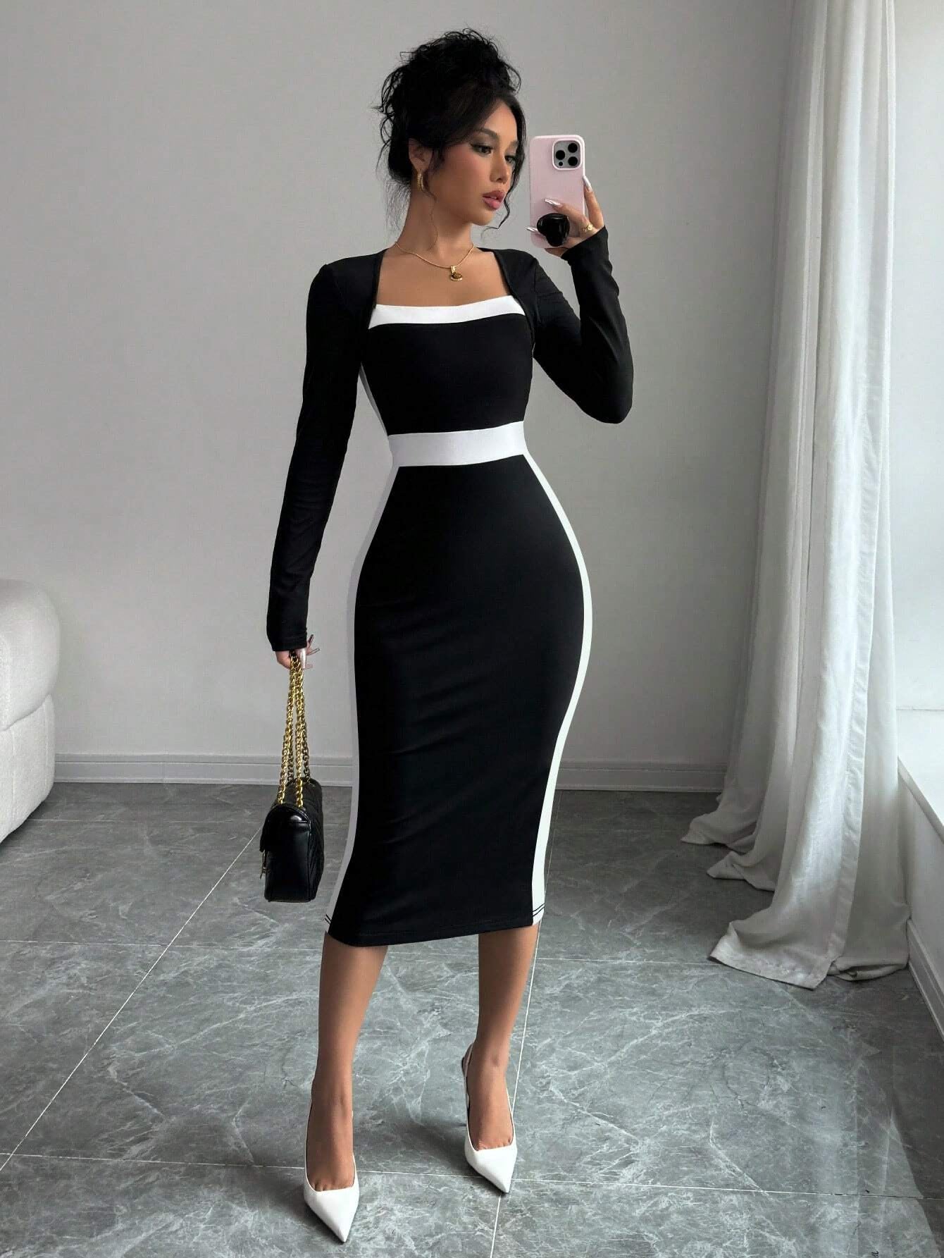 Elegant Contour Square Neck Midi Dress