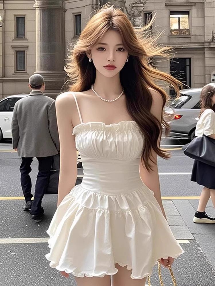 White Pleated Lace Slip Dress